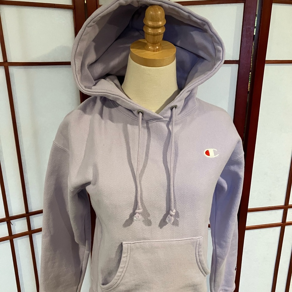 Champion Reverse Weave Hoodie Sweatshirt Womens Small Logo Pullover Lavender